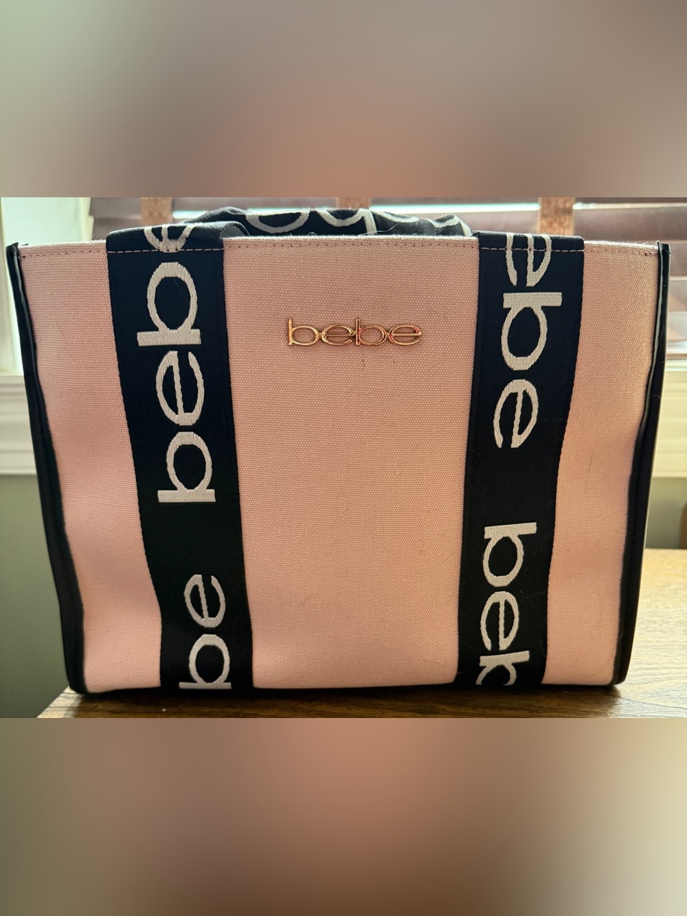 bebe Pink and Black Canvas Logo Stripe Tote with Gold Emblem